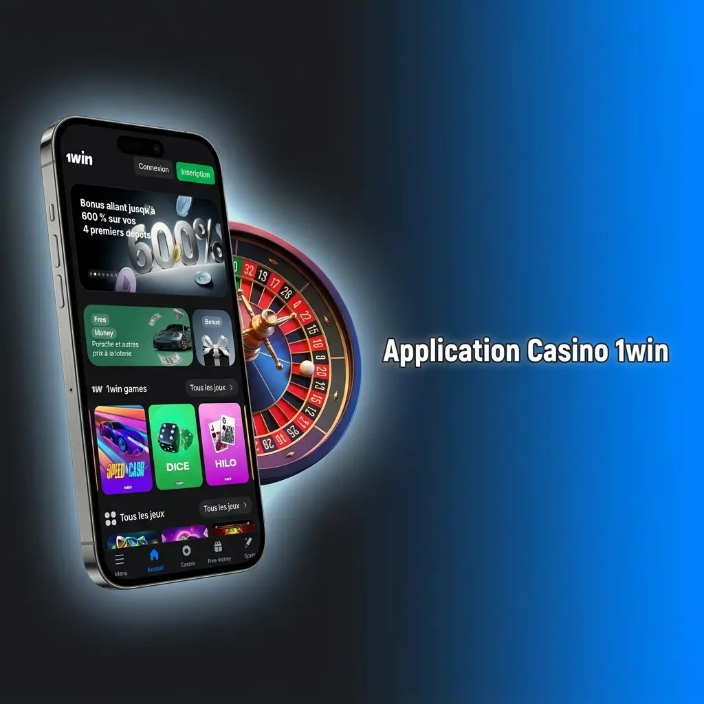 Interface de l'application 1win Casino avec machines à sous, jeux de table et section en direct.