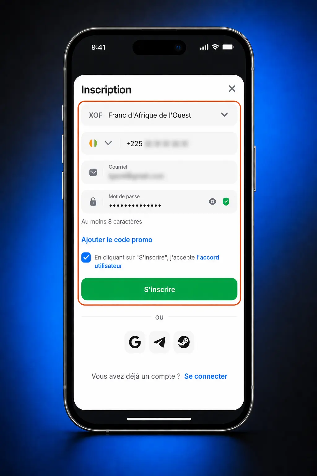 Étapes pour activer le bonus d'inscription 1win en déposant 500 FCFA minimum sur votre compte