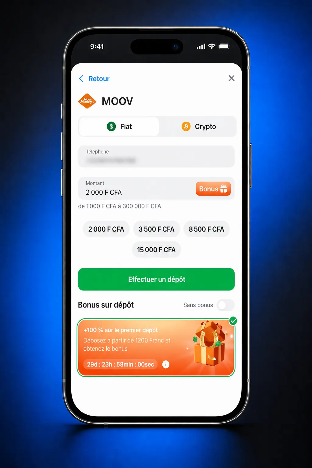 Étapes pour activer le bonus d'inscription 1win en déposant 500 FCFA minimum sur votre compte