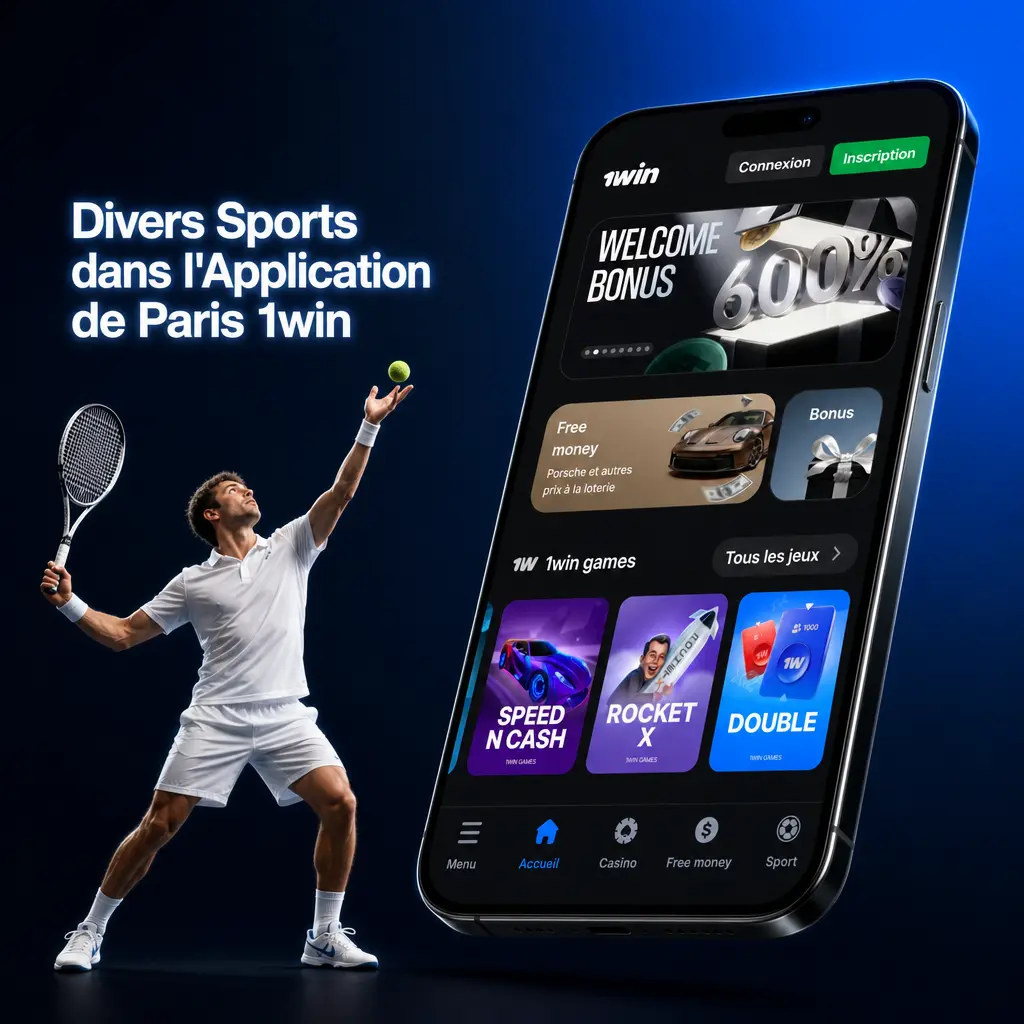 Application 1win affichant divers sports : football, basketball, tennis, volleyball et eSports disponibles pour paris