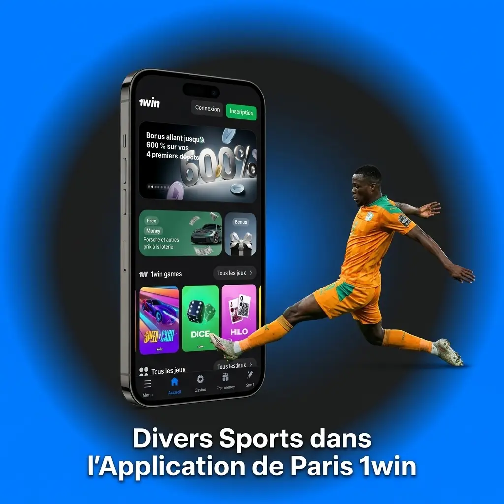 Rubrique sportive de l'application 1win offrant des paris sur le football, basketball et eSport.