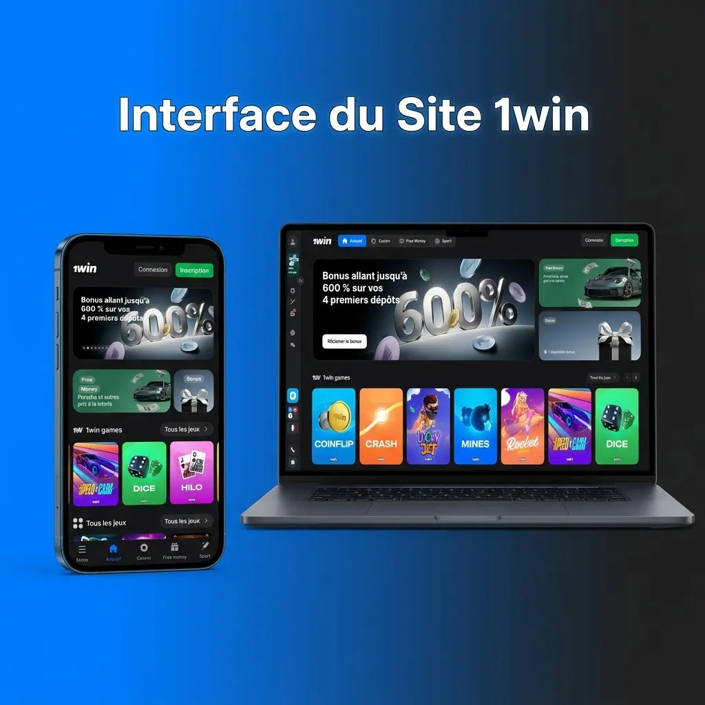 Interface du site 1win avec navigation claire pour paris sportifs, casino et promotions, adaptée aux joueurs ivoiriens